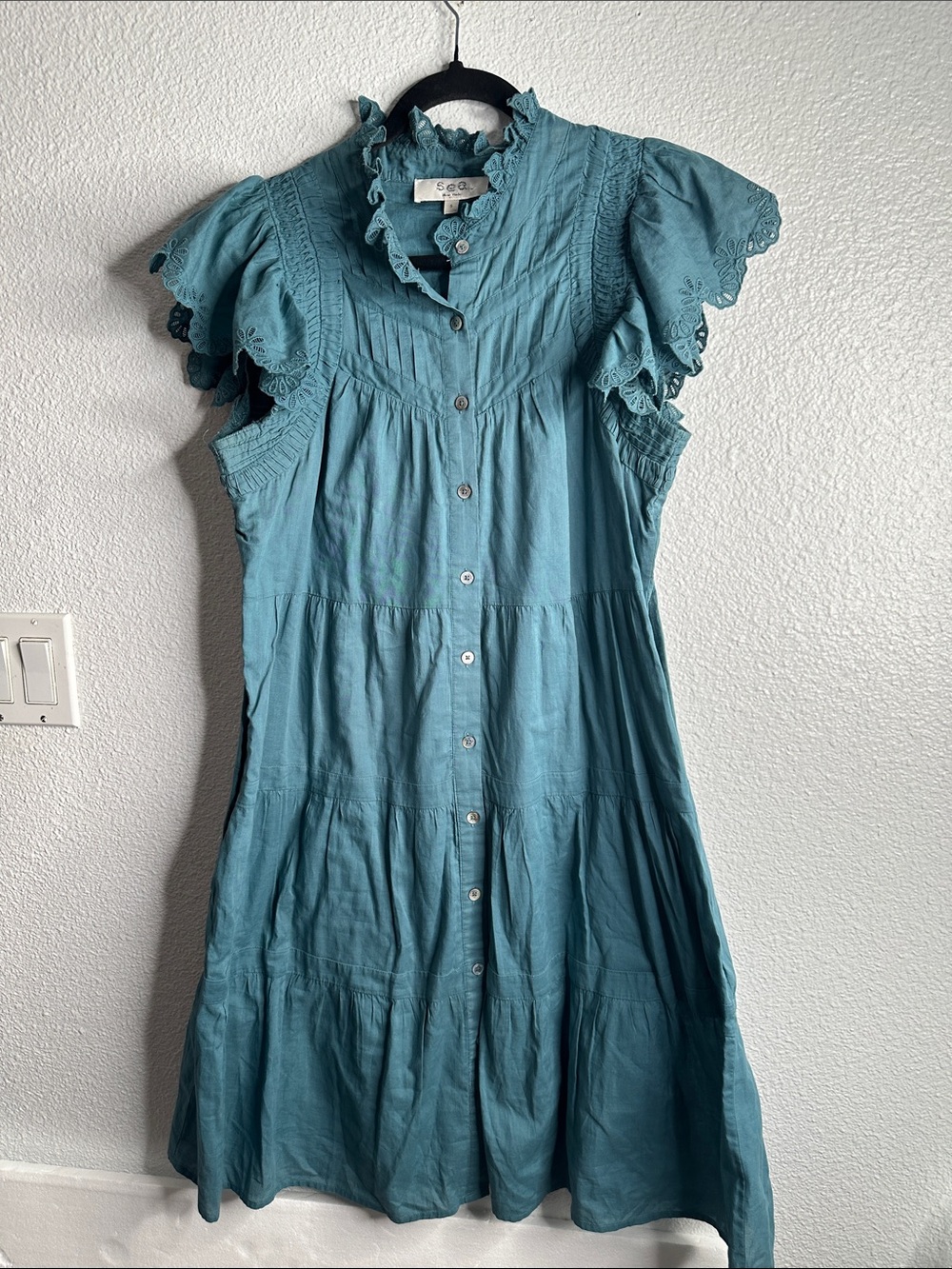 Sea Teal Button-Front Midi Dress with Ruffled Yoke tiered cotton dress size S